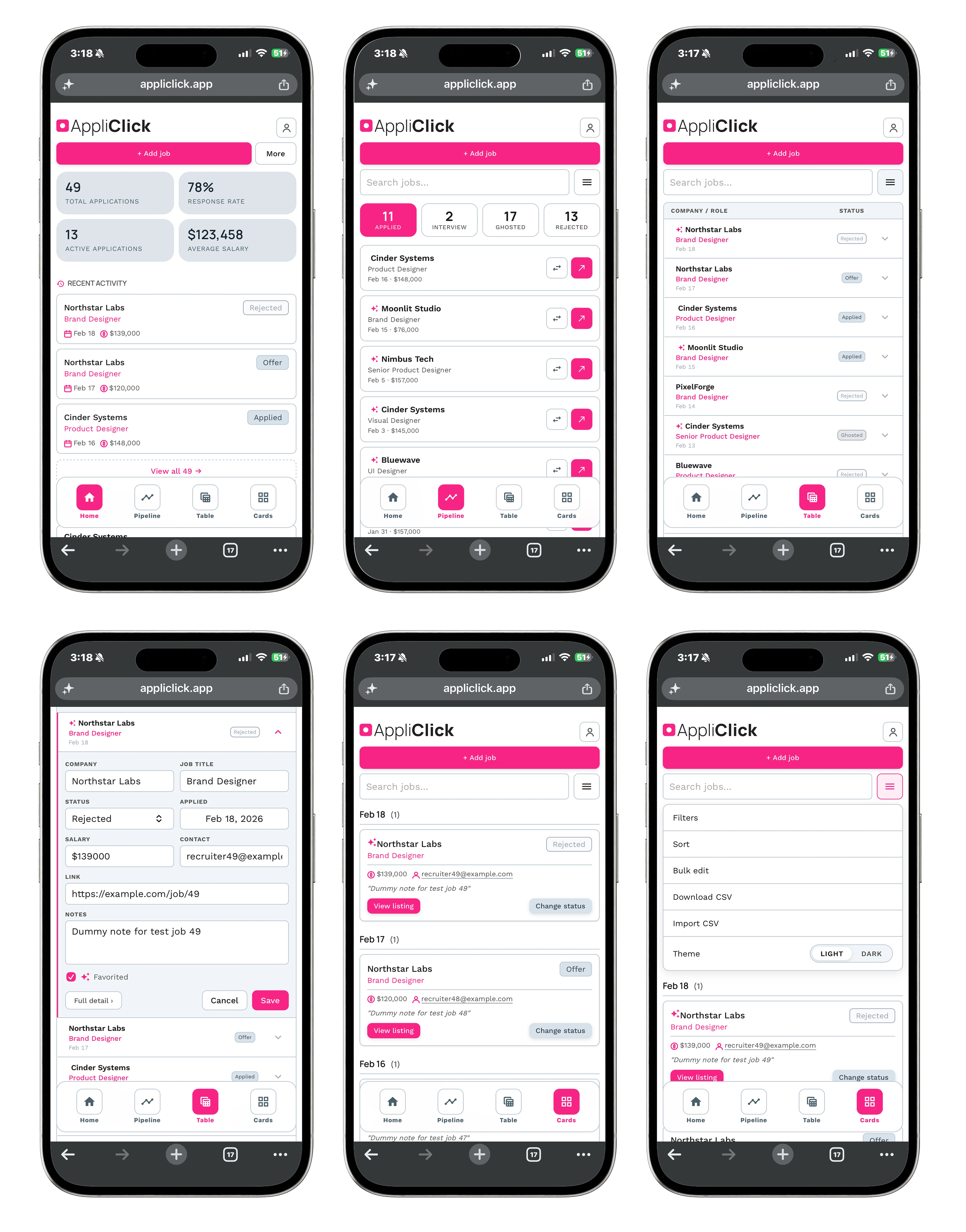 Appliclick mobile screens showing dashboard, pipeline, table, and cards views