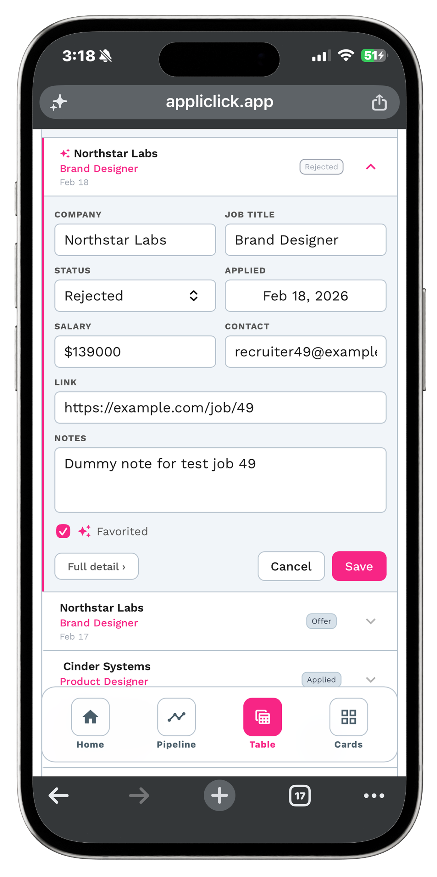 AppliClick mobile table view