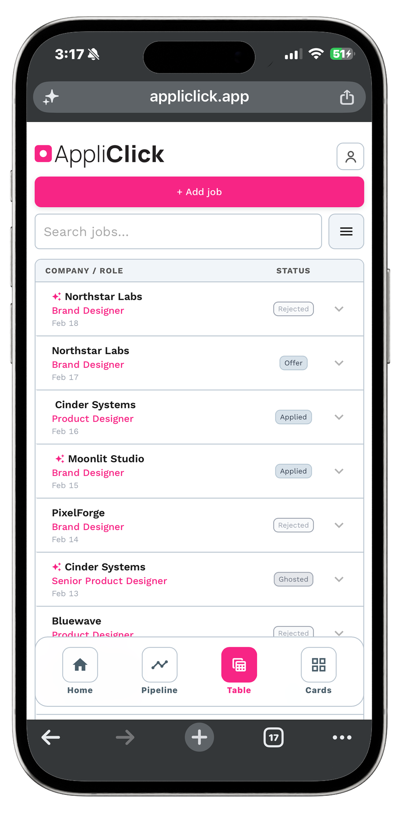 AppliClick mobile cards view